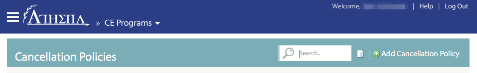 Website header with navigation options and a search bar which includes Add Cancellation Policy.