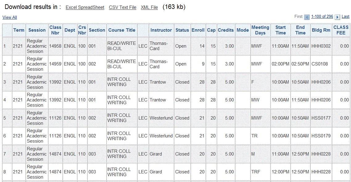 course spreadsheet