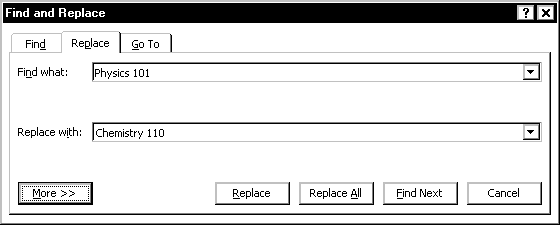 find and replace dialog box