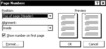page numbers dialog box appears