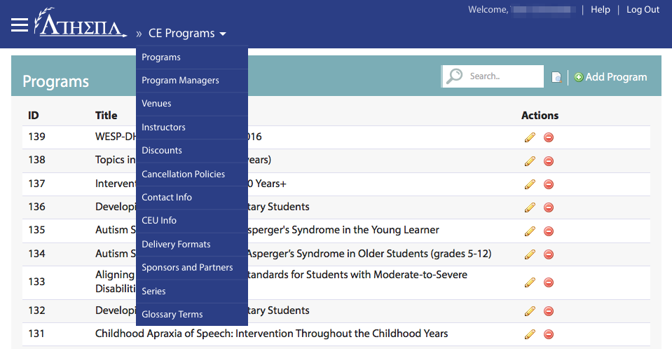 Website interface showing a list of CE Programs with navigation options, with Cancellation Policies.