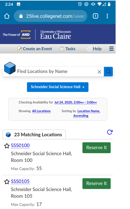 Screenshot showing UWEC’s room availability for Schneider Social Science Hall.