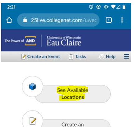 Mobile webpage with UWEC banner and highlighted “See Available Locatons” choice.