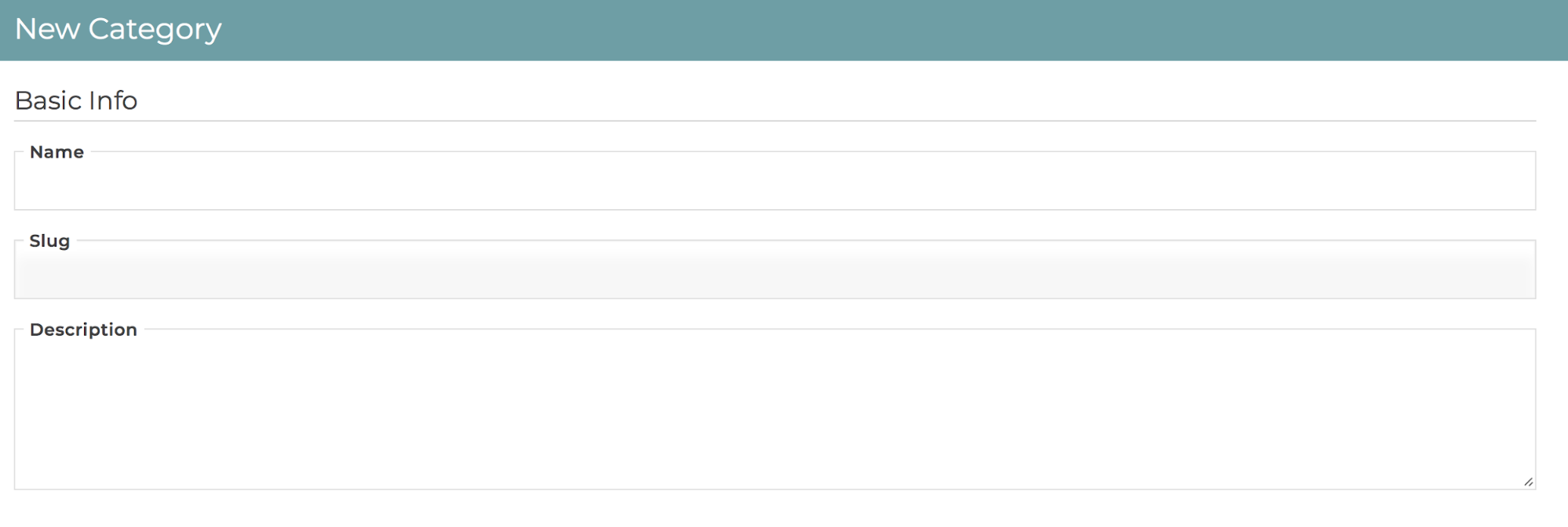 Web interface for creating a new category with fields for name, slug, and description.