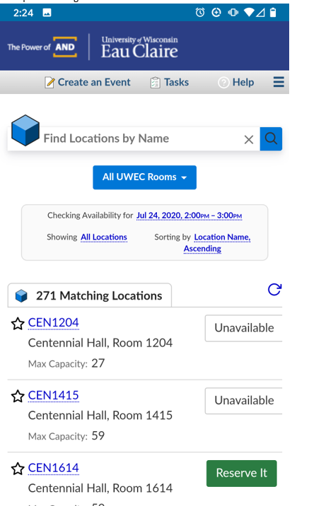 Screenshot showing all UWEC Rooms availability.