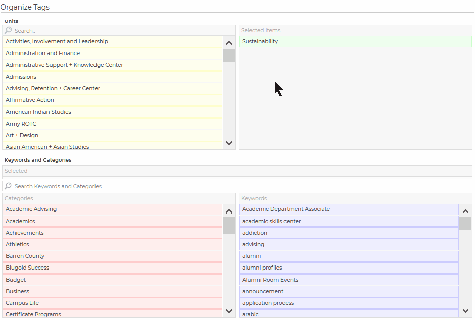 Organize Tags interface with various categories and keywords.