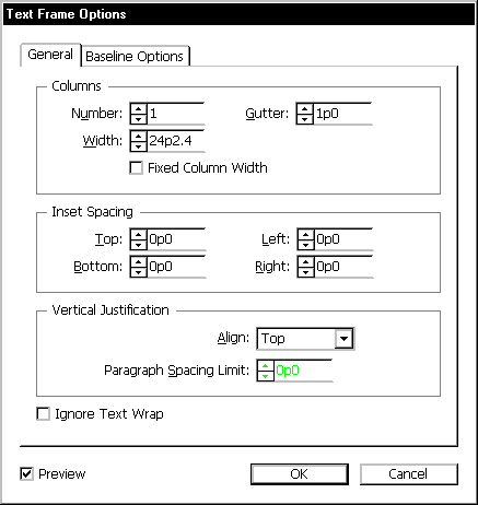 text frame options